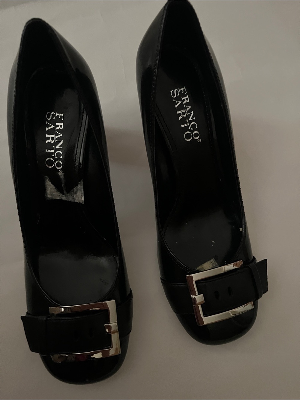 Franco Sarto Black Patent Leather Buckle Pumps